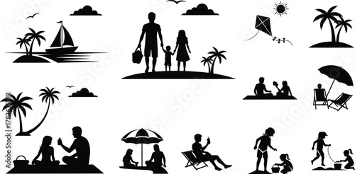 Beach silhouette illustration, family vacation vector, seaside leisure art, palm tree design, summer holiday scene, kite flying silhouette, sailboat seaside drawing, beach umbrella motif,