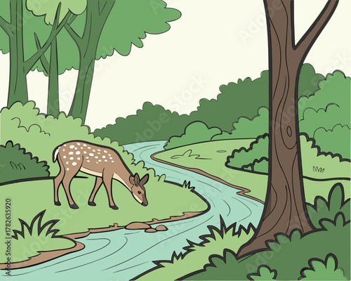 Spotted fawn drinking water from a stream in a forest cartoon illustration