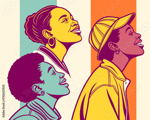 Three diverse women look up with hope and optimism in a colorful illustration