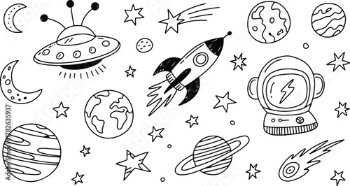 Hand-Drawn Space Vector Illustration Set Featuring UFOs, Rockets, Planets, Stars, Comets, and Astronauts in Doodle Style