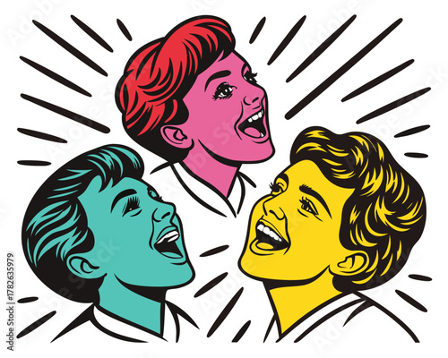 Three retro style singers singing with joy