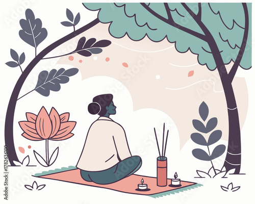 Woman meditating in nature in vector style
