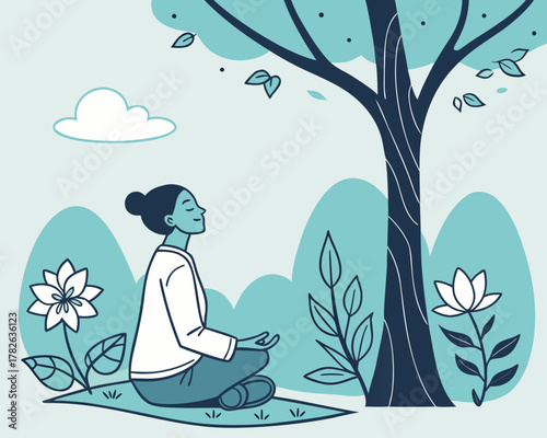 Woman meditating in nature under a tree for relaxation and mindfulness