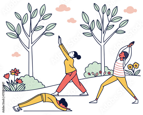 Women practicing yoga in the park with trees and flowers, wellness concept