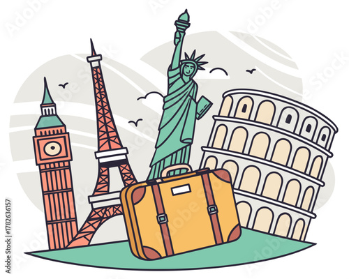 World travel landmarks with suitcase vector illustration