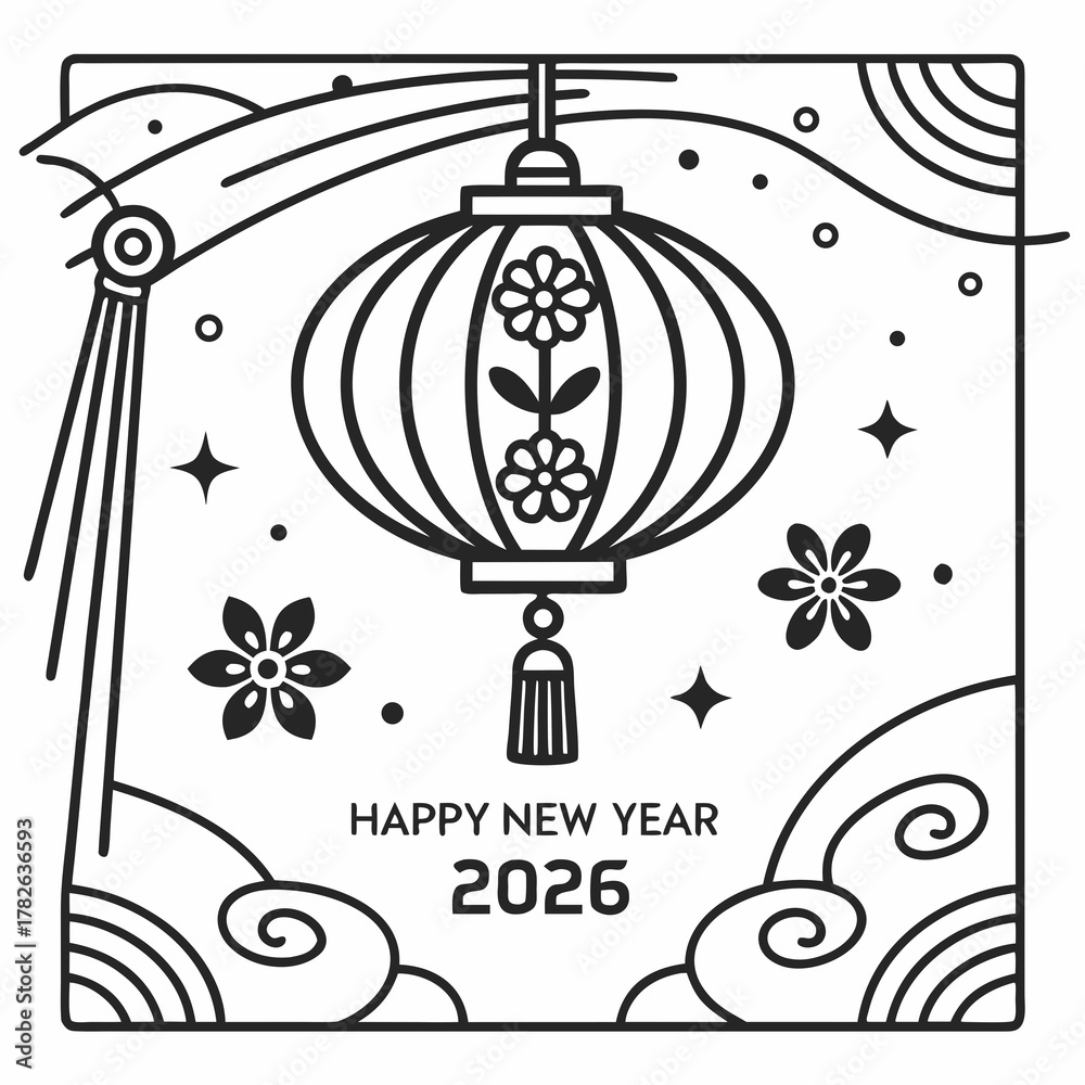 Naklejka premium Happy New Year 2026 Chinese Lantern Celebration Line Art vector illustration