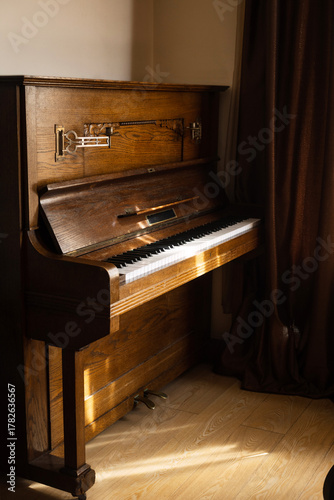 old piano in room in daylight, Music concept theme