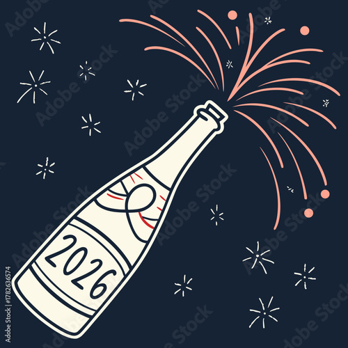 2026 Champagne Bottle Popping with Fireworks Dark Background Keywords: 2026, champagne bottle
