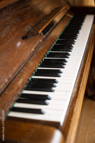 old piano in room in daylight, Music concept theme