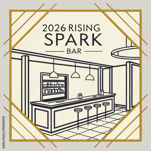Art Deco Bar Interior with Counter and Stools in Geometric Frame Keywords: bar, interior, art
