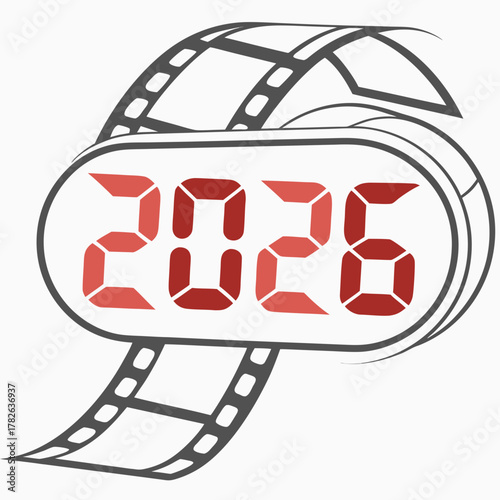 Film Reel Wrapped Around Digital Display Showing Year 2026 Keywords: 2026, new year, film, movie