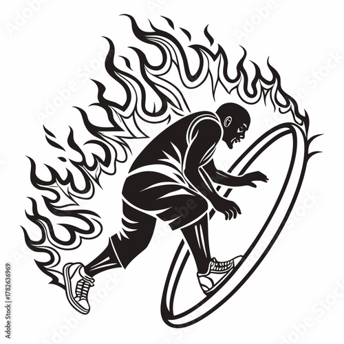 Basketball player jumping through flaming hoop in silhouette athlete sport