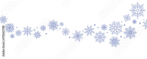 Winter border with light blue snowflakes on white background. Minimal festive garland for Christmas and New Year decoration. Frosty elegant design for greeting card or banner. Flat vector illustration