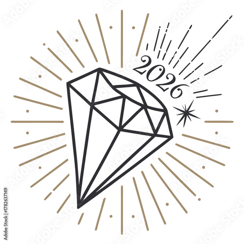 Diamond With Sunburst and Year 2026 In Gold and Black jewel