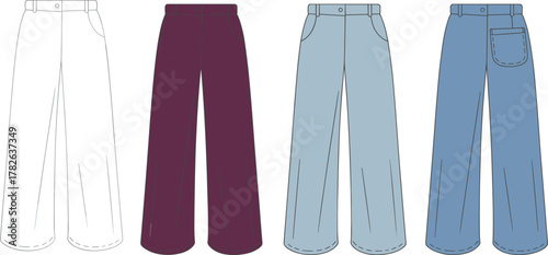Pants fashion illustration, casual trousers vector, jeans technical drawing, clothing flat sketch, garment design template, cad drawing flat vector illustration