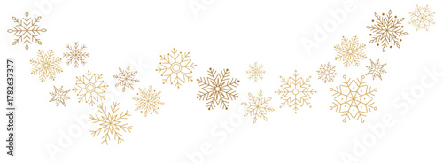 Winter border with gold snowflakes on white background. Minimal festive garland for Christmas and New Year decoration. Frosty elegant design for greeting card or banner. Flat vector illustration