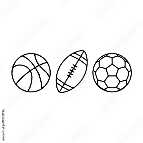 Three iconic sports balls basketball football soccer ball simple line art graphic