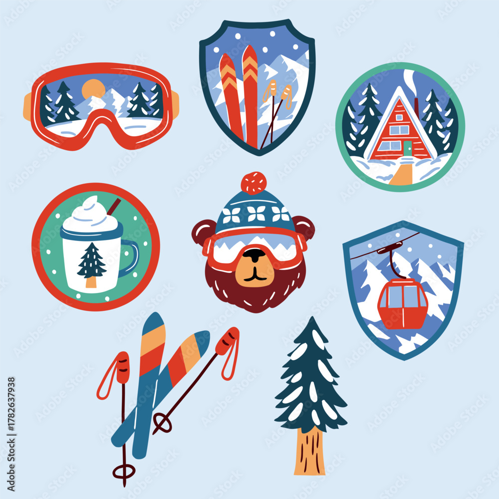 Fototapeta premium Seamless vector pattern with vintage ski patches. Hand drawn cute ski badges. Perfect for textile, wallpaper or nursery print design. EPS10 vector file.