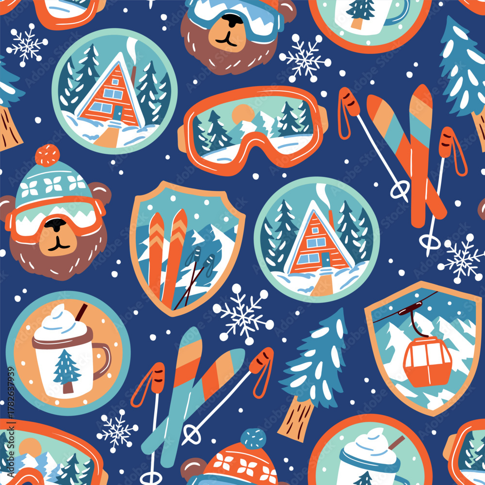 Fototapeta premium Seamless vector pattern with vintage ski patches. Hand drawn cute ski badges. Perfect for textile, wallpaper or nursery print design. EPS10 vector file.