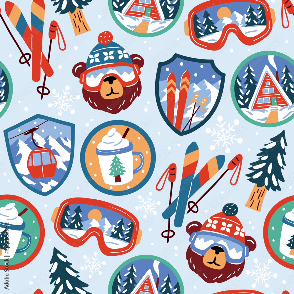 Fototapeta premium Seamless vector pattern with vintage ski patches. Hand drawn cute ski badges. Perfect for textile, wallpaper or nursery print design. EPS10 vector file.