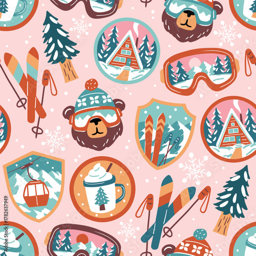 Wallpaper Mural Seamless vector pattern with vintage ski patches. Hand drawn cute ski badges. Perfect for textile, wallpaper or nursery print design. EPS10 vector file. Torontodigital.ca