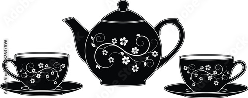 Black silhouette floral tea set illustration, teapot with cups and saucers, decorative design, elegant kitchenware, hospitality, beverage art, vintage style