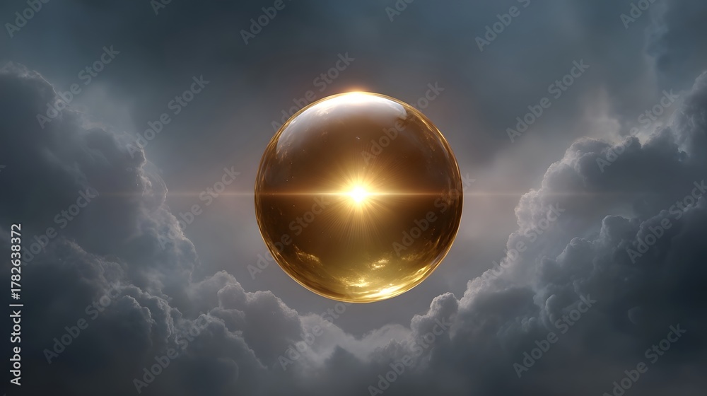 Obraz premium A luminous golden sphere radiating intense light and flares hovers within a dramatic stormy cloudscape