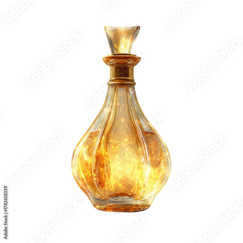 Elegant Glass Perfume Bottle With Intricate Design and Golden Hues Displayed ...