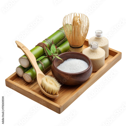 Natural Bath Accessories Arranged on a Wooden Tray With Bamboo and Spa Elements