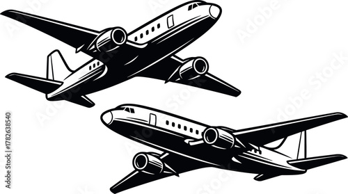 Vintage twin engine propeller airplanes flying in formation isolated on white background