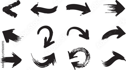 Set of distressed arrows vector illustration collection with brush stroke effect indicating direction change or movement