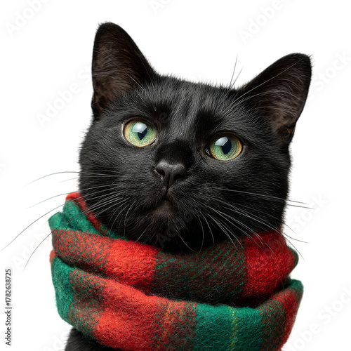 Black Cat Wearing a Red and Green Scarf Poses Confidently for a Close-Up Port...