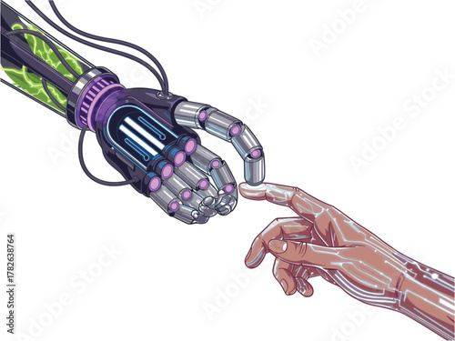 Vibrant Cyberpunk Robotic and Human Hands Touching Vector