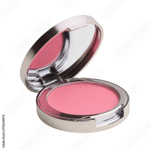 Compact Blush in Pink Shade With Silver Case Displayed on a Reflective Surface
