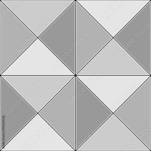 Repeated grey triangles on black background. Triangular blocks wallpaper. Seamless surface pattern design with tiles. Mosaic motif. Digital paper with polygons for page fills, web designing. Vector.