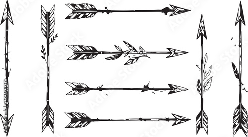 Hand drawn stylized archer arrows vector collection featuring decorative feather details and native inspired design elements