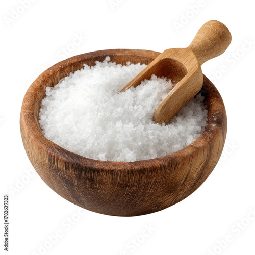 Sea Salt in a Wooden Bowl With a Scoop on a Clean Surface