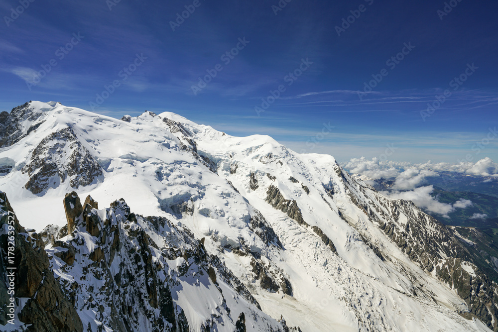 Obraz premium View of the Mont Blanc mountain range in the Alps. In Chamonix, France The photo was taken from a bridge located on the Aiguille du Midi mountain The weather is clear