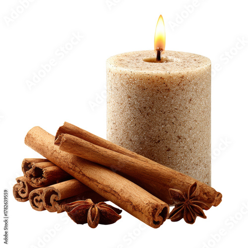 Cinnamon Candle With Sticks and Star Anise Creating a Warm Atmosphere