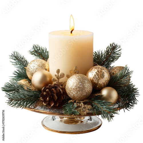 Festive Centerpiece With White Candle and Gold Decorations for Holiday Celebr...