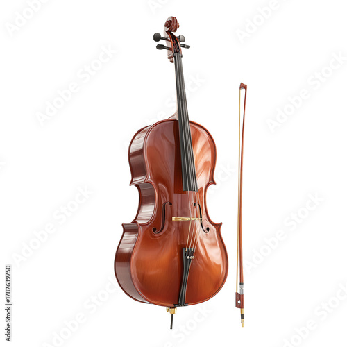 Beautiful Wooden Cello and Bow Displayed on a White Background in a Studio Se...