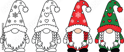 Four whimsical gnomes wearing patterned hats, two in outline and two in color.