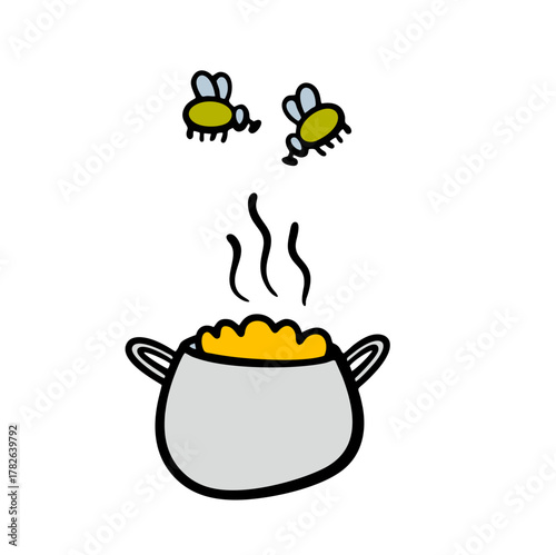 Vector drawing of a large pot of hot porridge or mashed potatoes. There is steam, flies are circling over the food. Harmful insects and a delicious lunch.