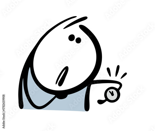 Confused, Stickman looks at his wristwatch. Vector illustration of a man being late for a meeting or for work. The cartoon character is waiting.