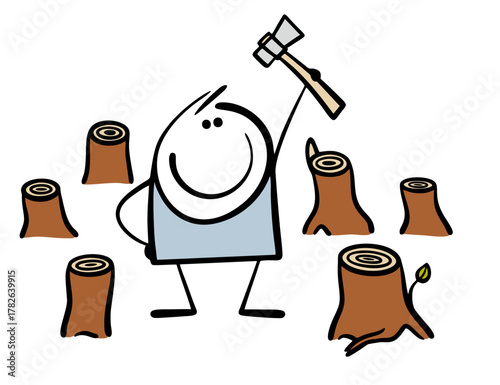 Lumberjack is very pleased with himself and brags about his work. Vector illustration of a man standing in a forest surrounded by many stumps. The cartoon character raised an axe over his head.