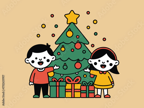 Two happy children stand by a decorated Christmas tree with presents underneath.