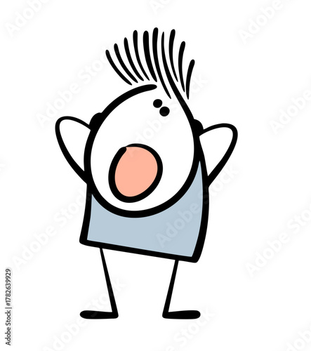 Cartoon hair stood on end, the man screams in panic. Vector illustration of a fright, an unexpected incident, doodle small child is scared.