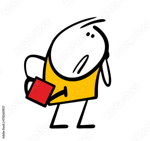 Confused gardener looks at a withered vegetable garden. Vector illustration of a character with a red watering can came to water flowers. Cartoon unpleasant, unexpected surprise for the farmer.