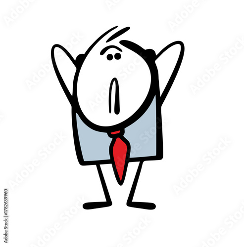 Cartoon unhappy businessman in a business suit and a red tie clutched his head in panic. Vector illustration of problems at work, stock market crash.