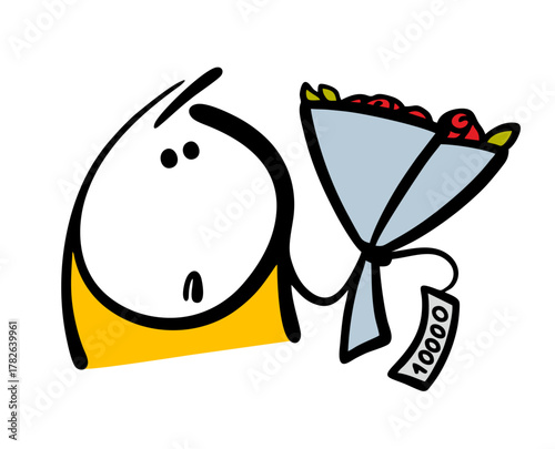 Cartoon confused man buys flowers at a flower shop and is surprised by the high price of a bouquet. Vector illustration of a groom making a gift of roses for a girl. A rich boyfriend.